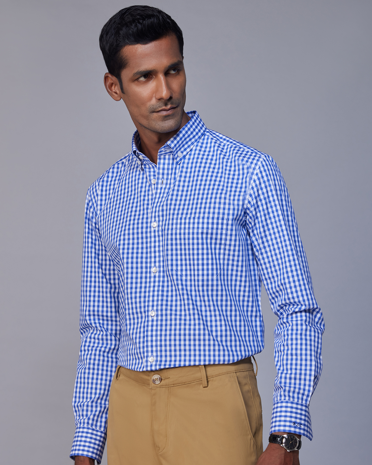 Men's Blue & White Gingham Dress Shirt (Checkered Shirt